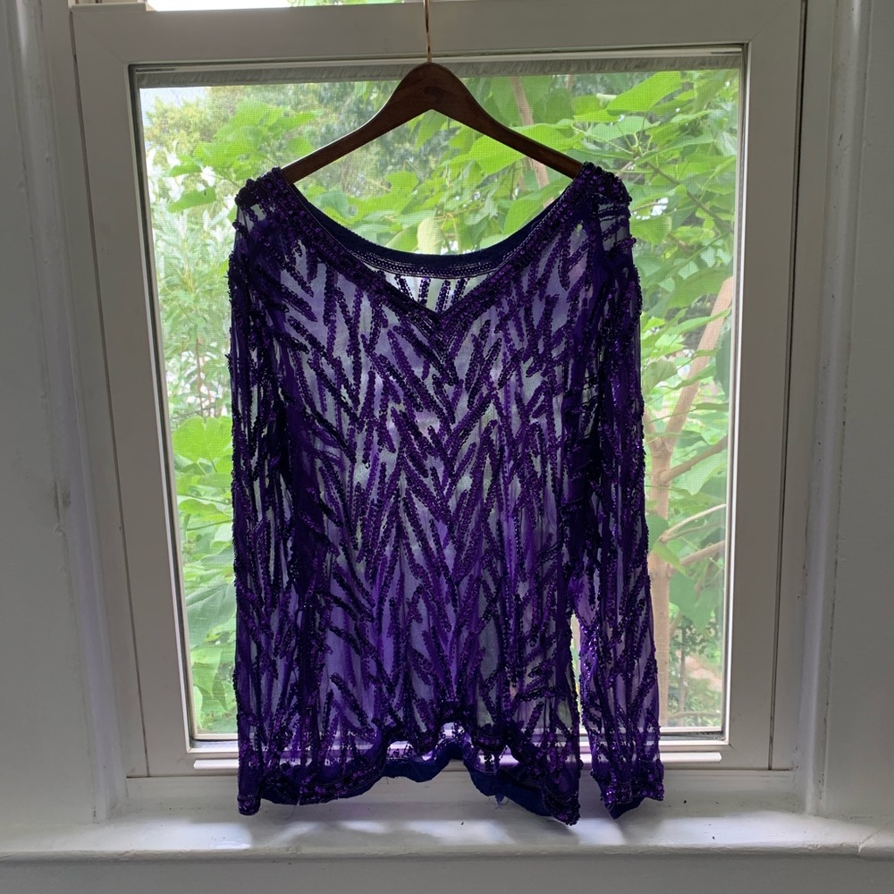 Vintage Sheer Beaded Sequin Purple Top Festival